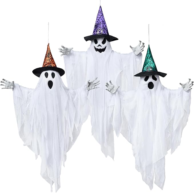 JOYIN 3 Pack 24.8" Hanging Ghost Decorations, Halloween White Ghost with Hats for Haunted House Graveyard Scene, Spooky Indoor and Outdoor Decor