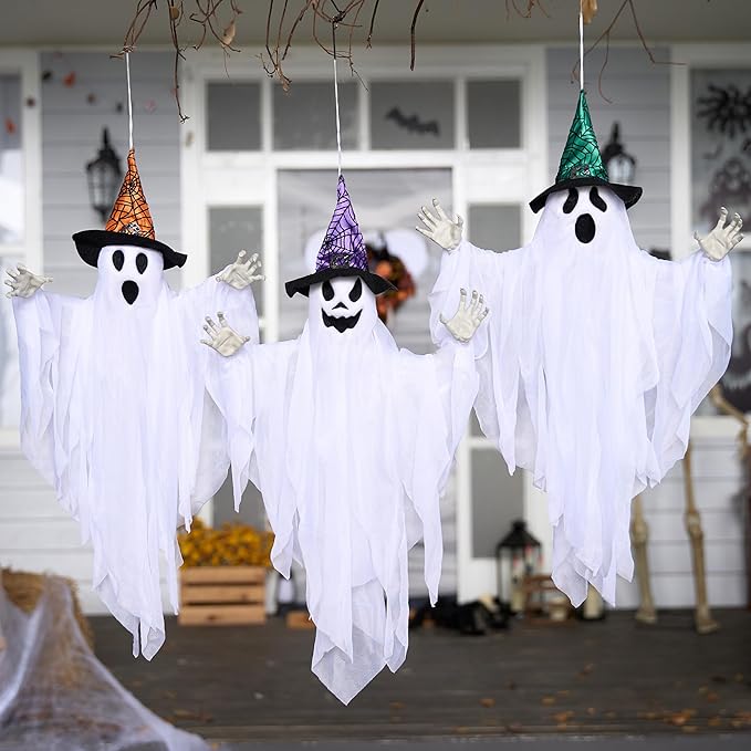 JOYIN 3 Pack 24.8" Hanging Ghost Decorations, Halloween White Ghost with Hats for Haunted House Graveyard Scene, Spooky Indoor and Outdoor Decor