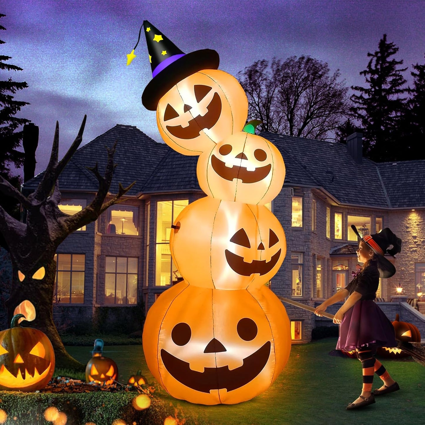 7.9 Feet Tall Giant Halloween Inflatable Pumpkin, Kalolary Decorations Exploded Pumpkin Lanterns with Built-In Decoration Indoor Holiday Home Family Yard Garden