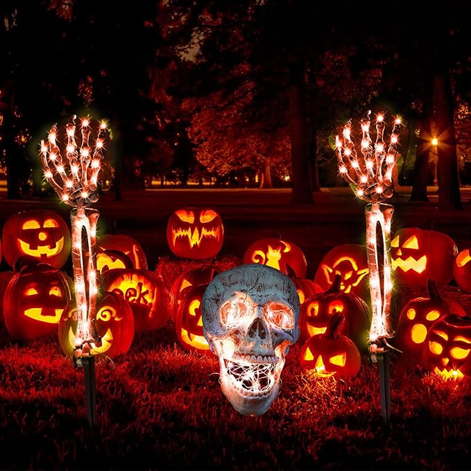 3Pcs Lighted Skeleton Halloween Decorations - Outdoor Head & Arms Life Size Skeleton Stakes Halloween Yard Gravestone Decorations(Red)