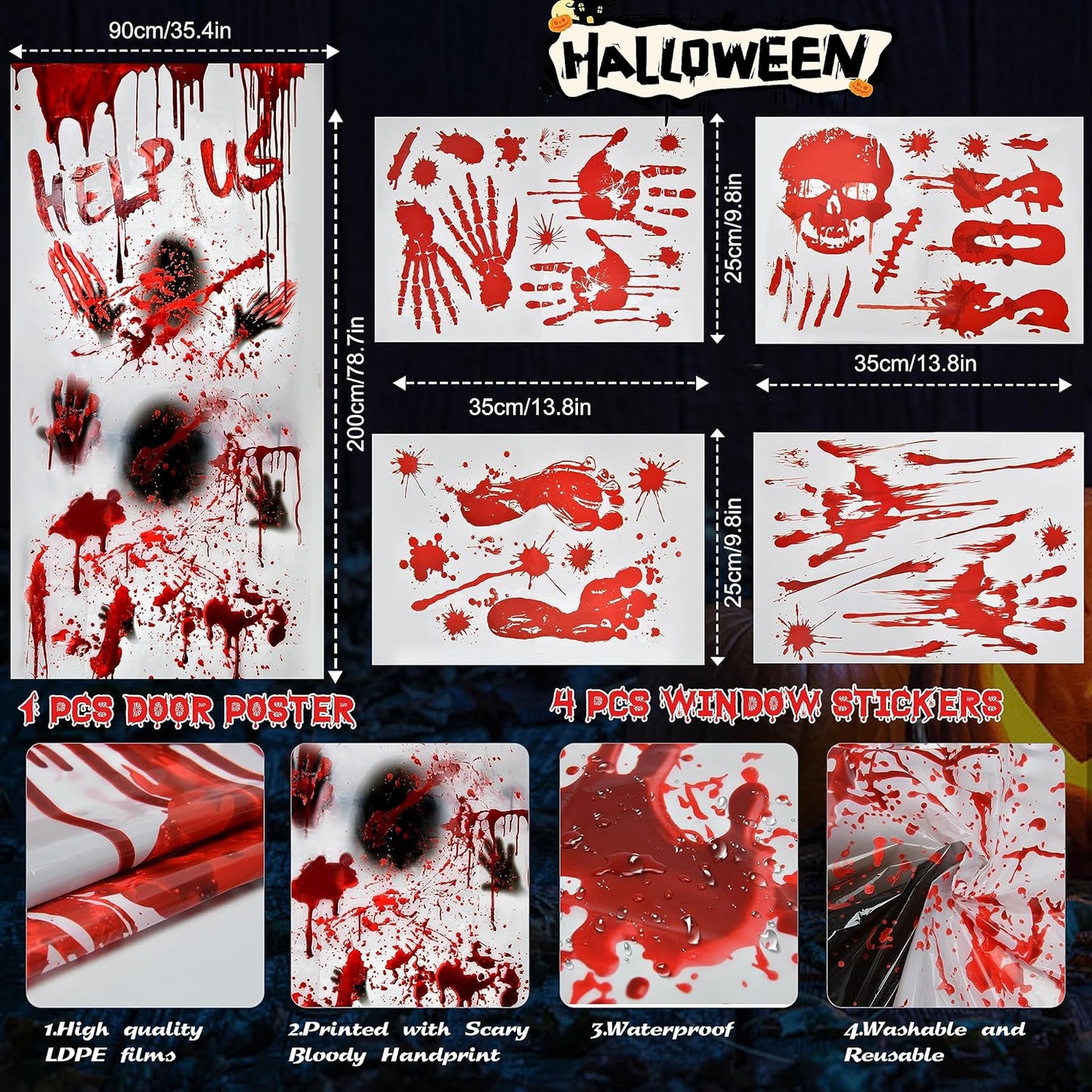 Indoor Halloween Decorations Window Stickers: Scary Large Halloween Window Door Wall Decorations Outdoor Garden Haunted House Zombie Party Decor Reusable Bloody Handprint Window Stickers Poster Clings