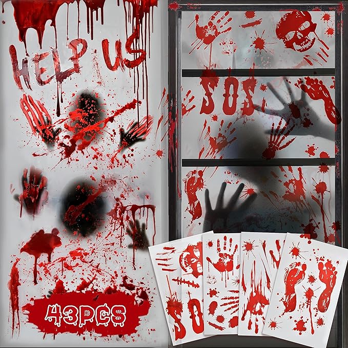 Indoor Halloween Decorations Window Stickers: Scary Large Halloween Window Door Wall Decorations Outdoor Garden Haunted House Zombie Party Decor Reusable Bloody Handprint Window Stickers Poster Clings