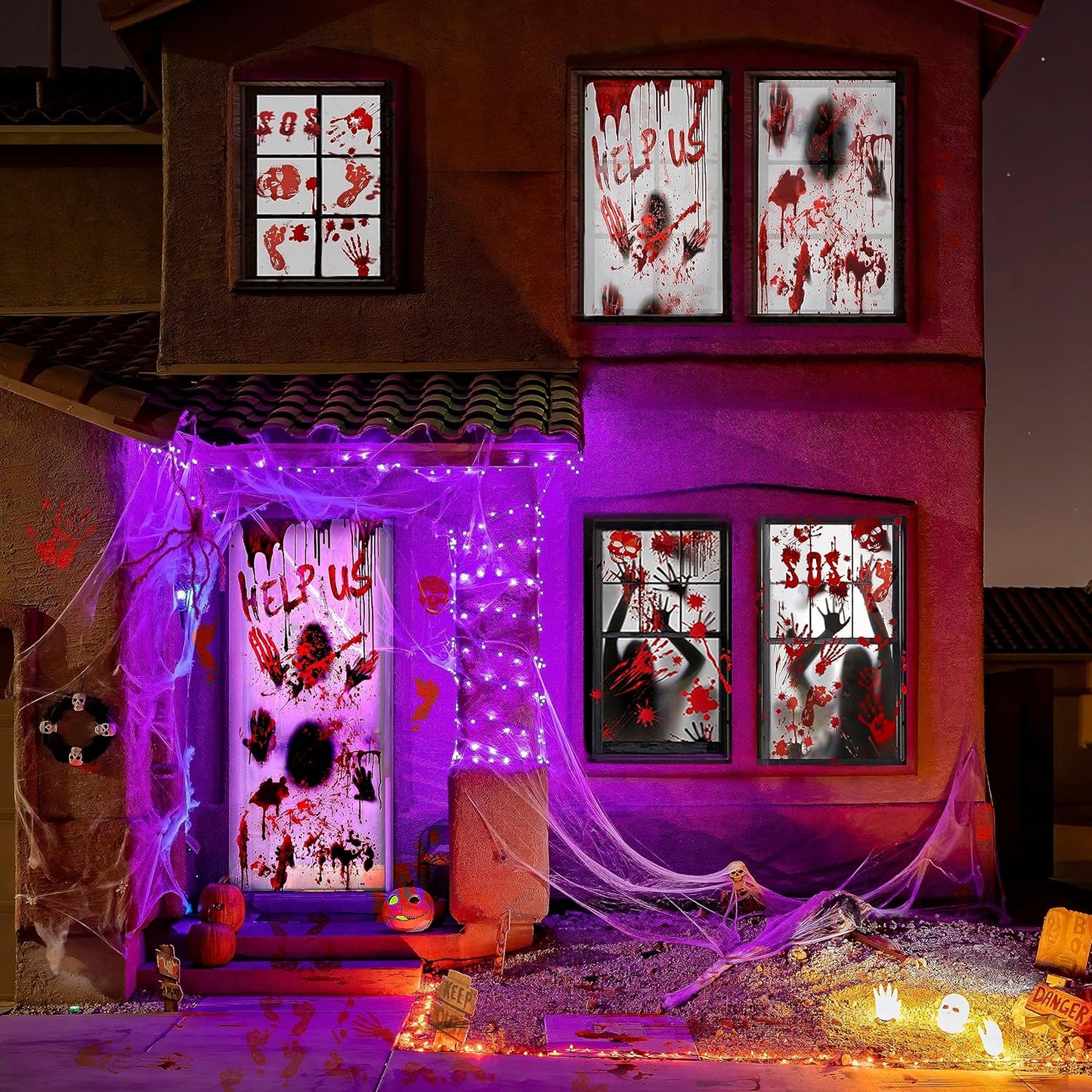 Indoor Halloween Decorations Window Stickers: Scary Large Halloween Window Door Wall Decorations Outdoor Garden Haunted House Zombie Party Decor Reusable Bloody Handprint Window Stickers Poster Clings