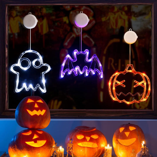 LOLStar Halloween Lights Decorations, 3 Pack Orange Pumpkin White Ghost Purple Bat Window Lights with Suction Cups, Battery Operated Halloween LED Lights Window Decor 2025 Slow Fade Mode and Timer