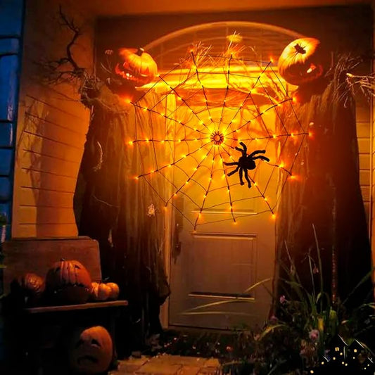 Eambrite Halloween Spider Web Lights with Plush Spider Spooky Indoor Decorations Light up Fake Spiderweb Decor Prop for Window Kids Party Haunted House (4FT/120CM)