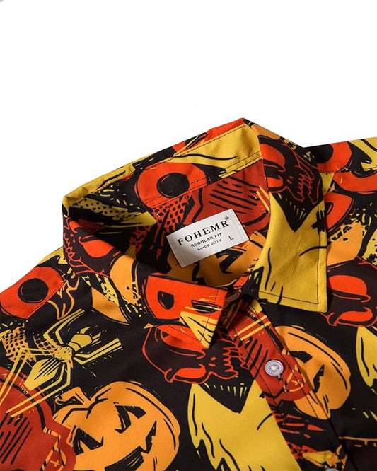 fohemr Mens Ugly Halloween Pumpkin Bat Shirts Printed Button Down Casual Short Sleeve Horror Ghost Themed Hawaiian Shirt
