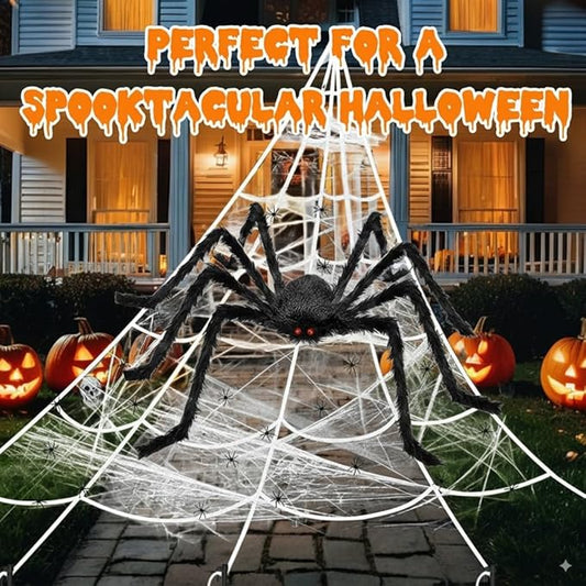 CHERISHOME Halloween Decorations Outdoor Giant Spider Web Decoration, 59" Scary Giant Spider + 20 Plastic Spiders + 20g Fake Cobwebs Halloween Decor for Indoor Outdoor Haunted House Party Garden Tree