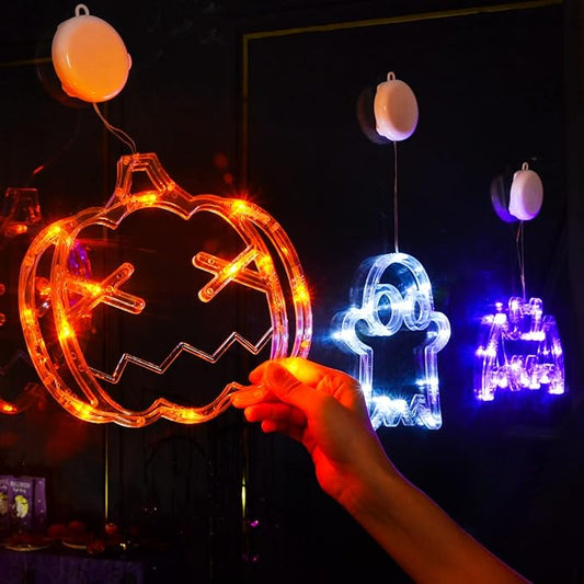 LOLStar Halloween Lights Decorations, 3 Pack Orange Pumpkin White Ghost Purple Bat Window Lights with Suction Cups, Battery Operated Halloween LED Lights Window Decor 2025 Slow Fade Mode and Timer