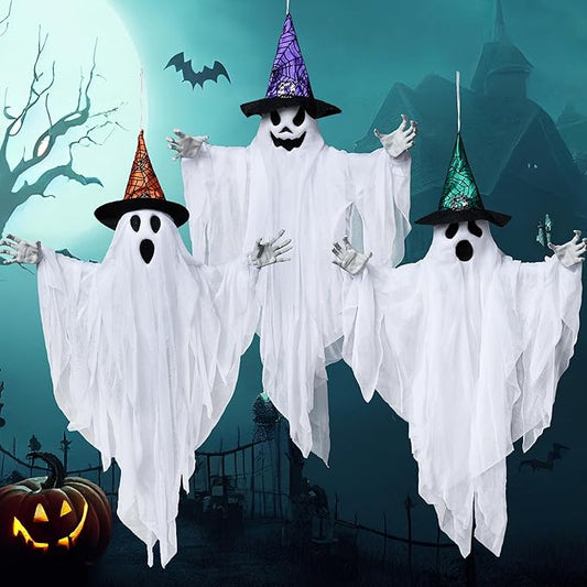 JOYIN 3 Pack 24.8" Hanging Ghost Decorations, Halloween White Ghost with Hats for Haunted House Graveyard Scene, Spooky Indoor and Outdoor Decor