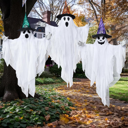 JOYIN 3 Pack 24.8" Hanging Ghost Decorations, Halloween White Ghost with Hats for Haunted House Graveyard Scene, Spooky Indoor and Outdoor Decor