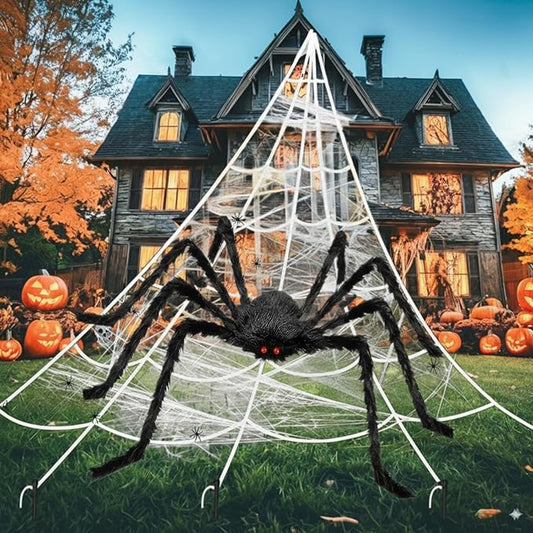 CHERISHOME Halloween Decorations Outdoor Giant Spider Web Decoration, 59" Scary Giant Spider + 20 Plastic Spiders + 20g Fake Cobwebs Halloween Decor for Indoor Outdoor Haunted House Party Garden Tree
