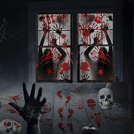 Indoor Halloween Decorations Window Stickers: Scary Large Halloween Window Door Wall Decorations Outdoor Garden Haunted House Zombie Party Decor Reusable Bloody Handprint Window Stickers Poster Clings