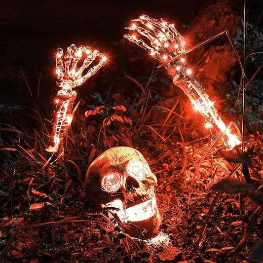 3Pcs Lighted Skeleton Halloween Decorations - Outdoor Head & Arms Life Size Skeleton Stakes Halloween Yard Gravestone Decorations(Red)