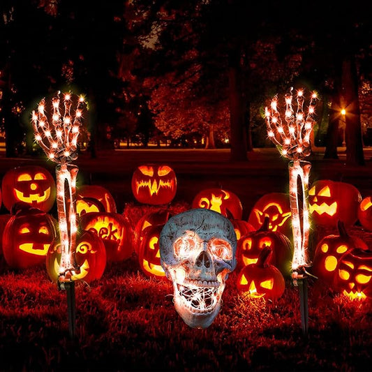 3Pcs Lighted Skeleton Halloween Decorations - Outdoor Head & Arms Life Size Skeleton Stakes Halloween Yard Gravestone Decorations(Red)