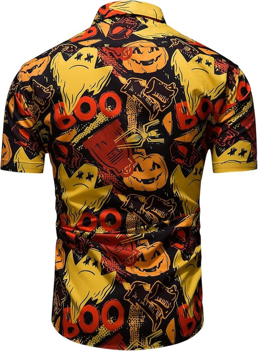 fohemr Mens Ugly Halloween Pumpkin Bat Shirts Printed Button Down Casual Short Sleeve Horror Ghost Themed Hawaiian Shirt