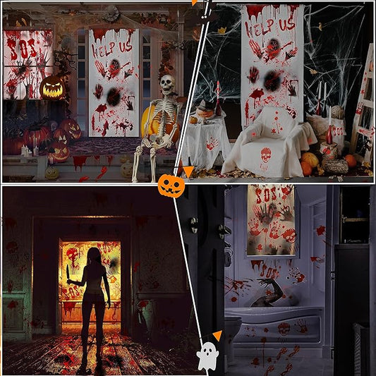 Indoor Halloween Decorations Window Stickers: Scary Large Halloween Window Door Wall Decorations Outdoor Garden Haunted House Zombie Party Decor Reusable Bloody Handprint Window Stickers Poster Clings